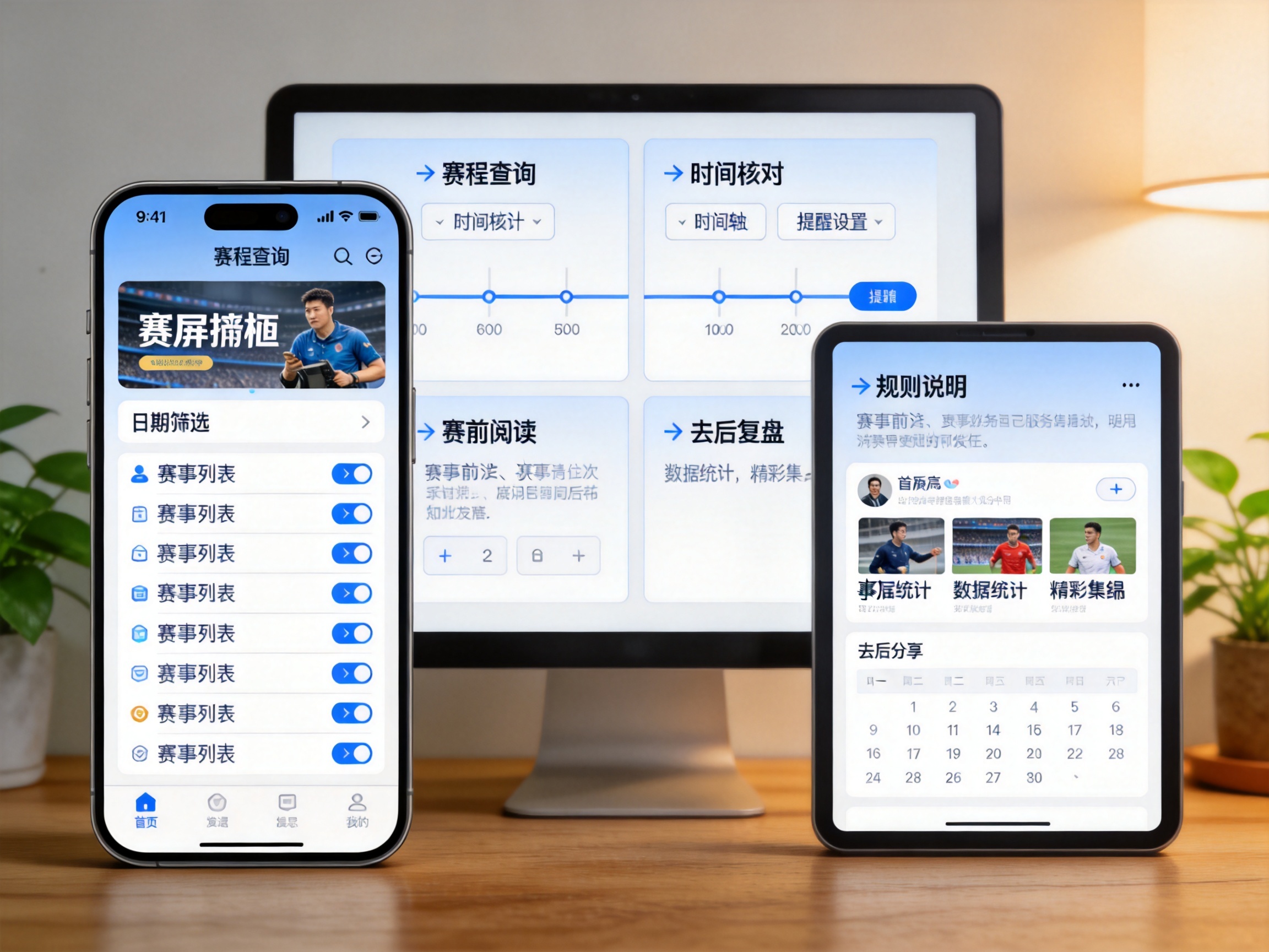 观赛指南模块示意：赛程查询、时间核对、赛前阅读与赛后复盘四个步骤的手机端布局